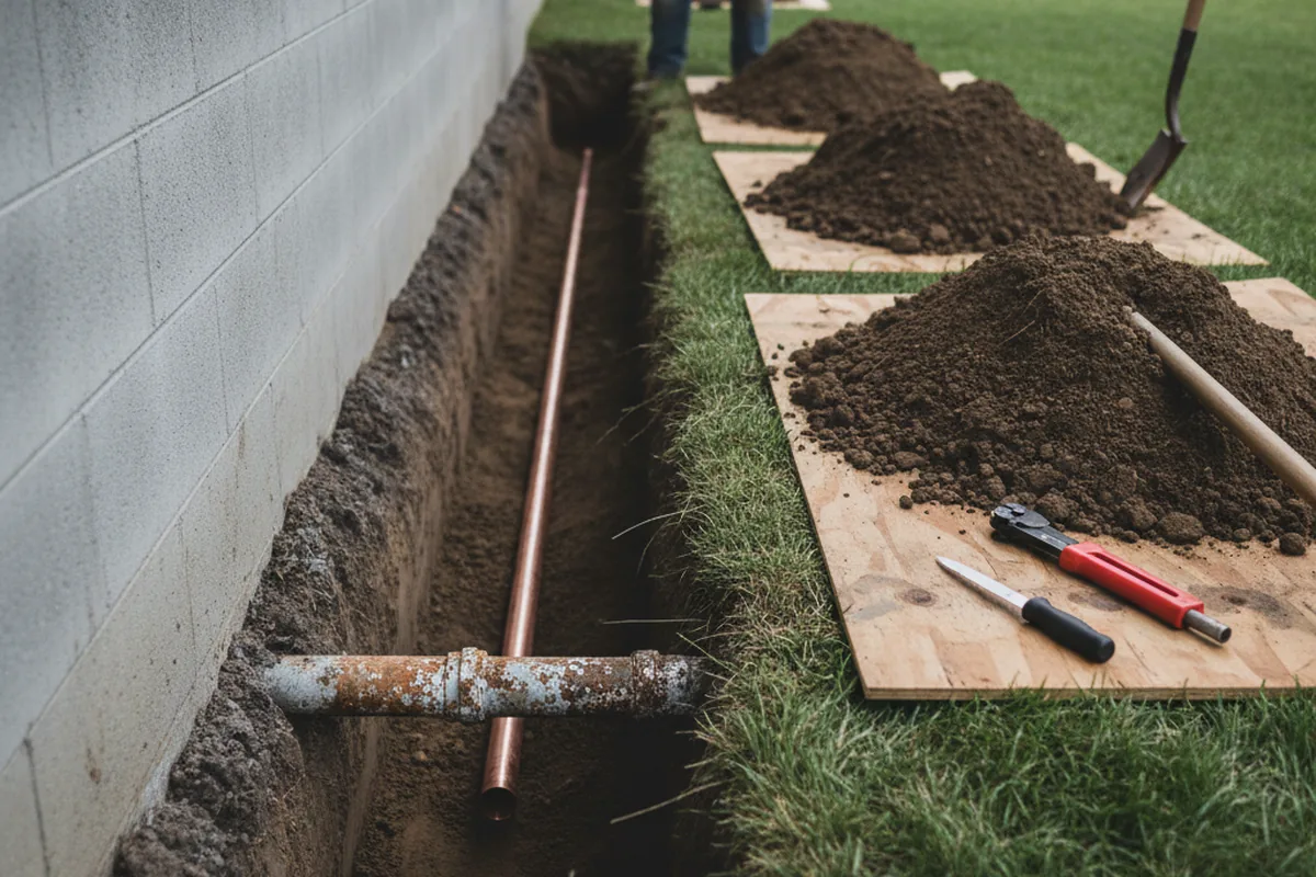 Excavated water line trench during Sewer Line Repair in Loomis